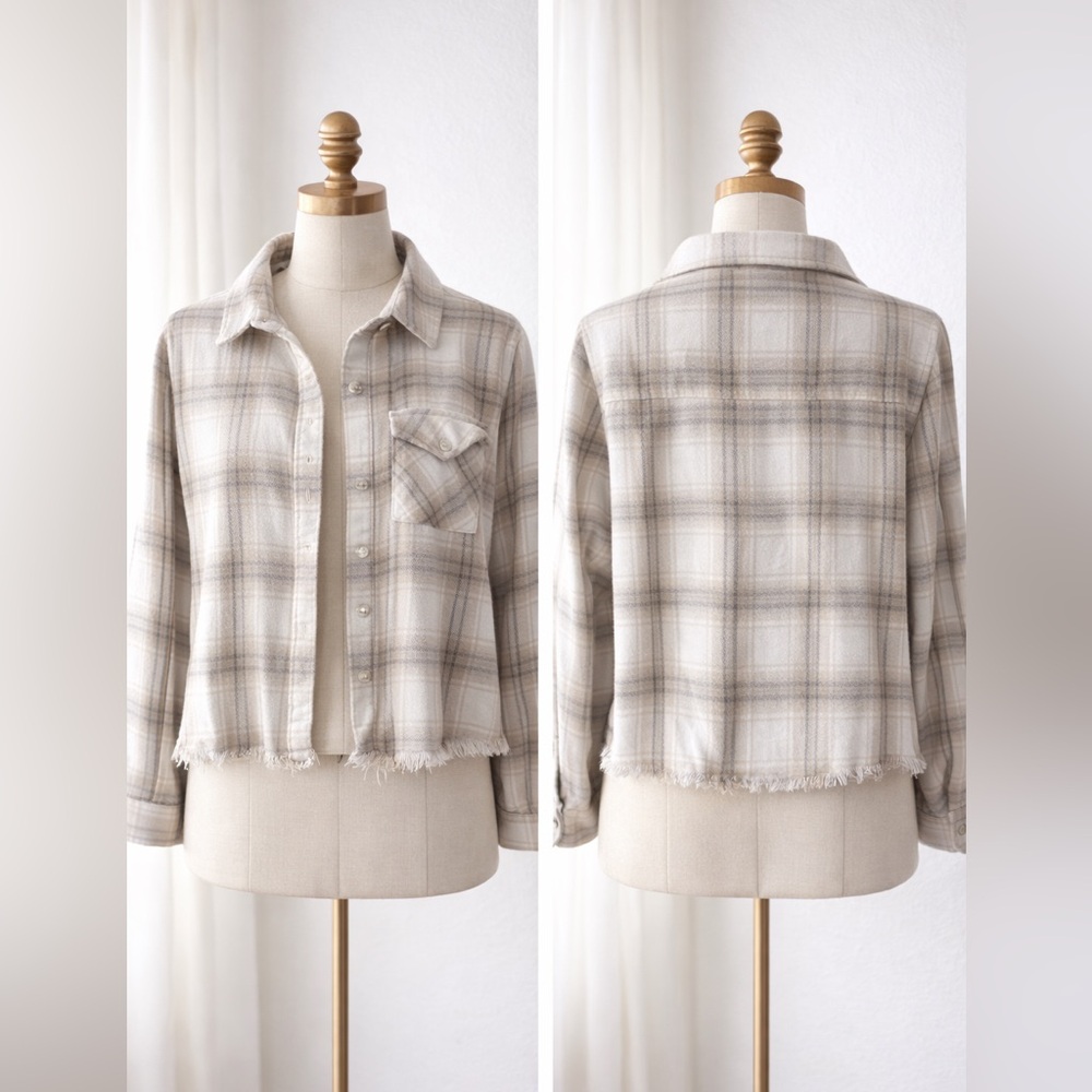 White Crow Plaid Cropped Flannel Shirt Jacket Raw Hem